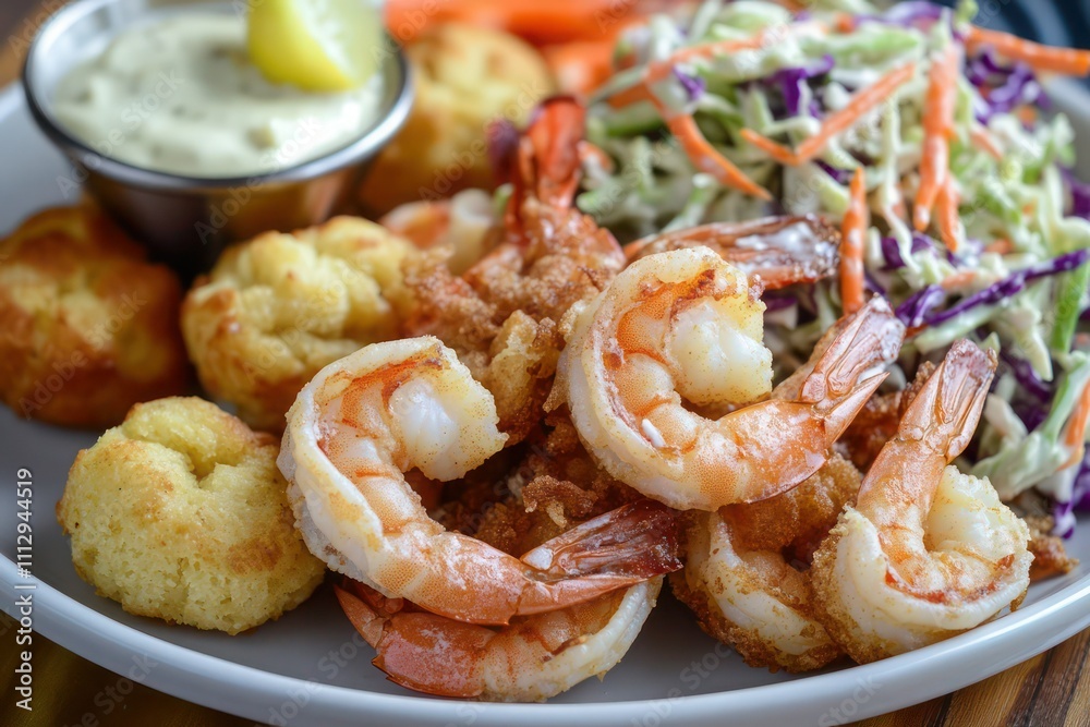 Mix of fried shrimp, hush puppies, and coleslaw, capturing a seafood feast with vibrant textures and colors. Mix of fried shrimp, hush puppies, and coleslaw, capturing a seafood feast with vibrant textures and colors.