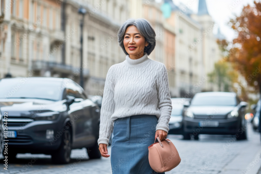 A mature asian woman is walking down a street A mature asian woman is walking down a street