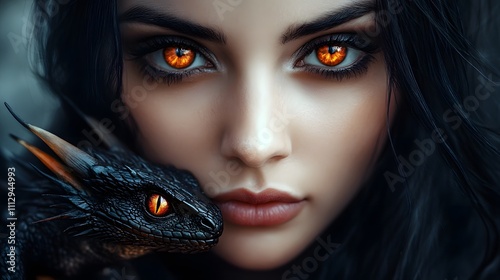 Pretty woman with black hair and a small wild dragon