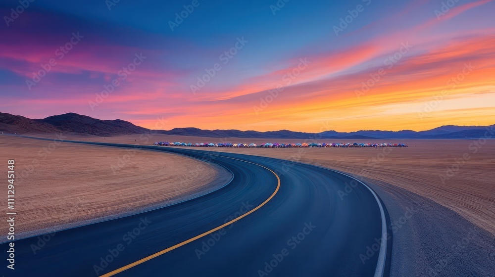 Fototapeta premium Scenic highway winding through a desert landscape, festival tents visible in the distance under colorful skies