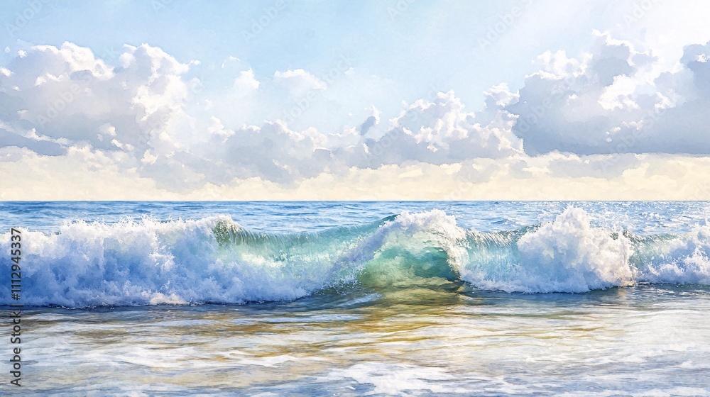 Serene Ocean Wave Crashing on Shore Sunny Sky Watercolor Serene Ocean Wave Crashing on Shore Sunny Sky Watercolor