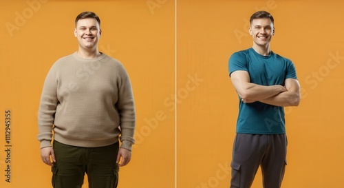 Caucasian male transformation before and after weight loss on orange background photo