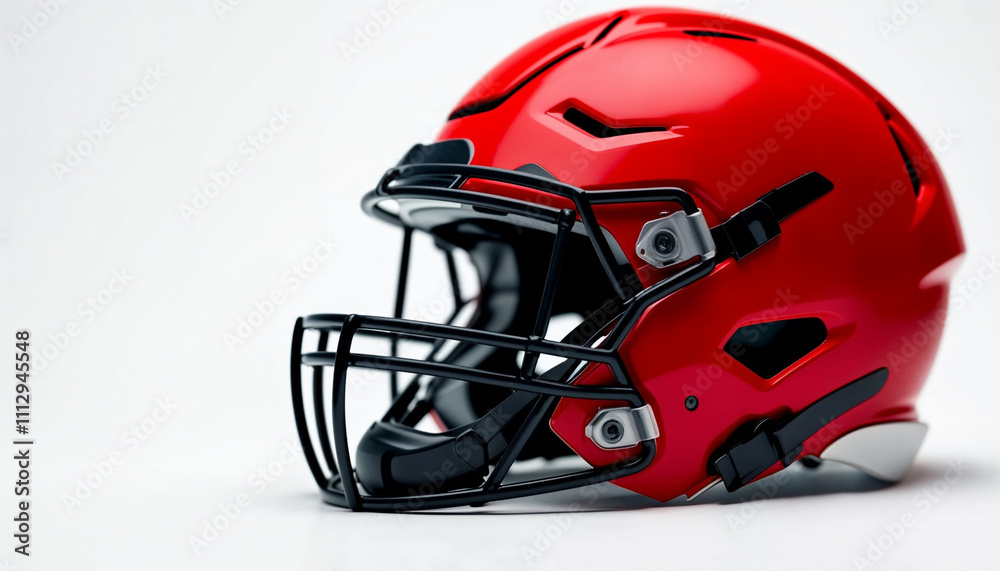 A red American football helmet with a black facemask, highlighted against a white background.