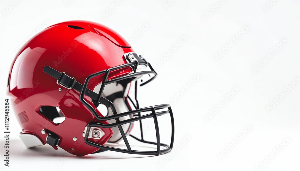 Naklejka premium A red American football helmet with a black facemask, highlighted against a white background.