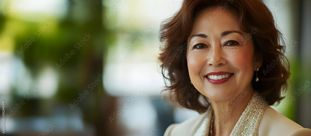 Fototapeta premium Smiling Japanese woman with brown hair wearing a light blazer.