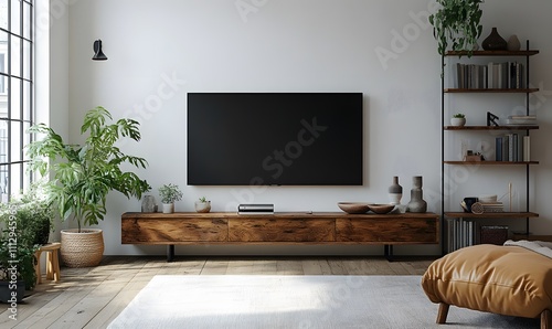 Fototapeta Naklejka Na Ścianę i Meble -  Artful Arrangement, A Scandinavian interior with an empty wall space ideal for a TV