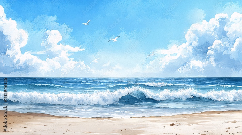 Serene Seascape Ocean Waves Beach Blue Sky Clouds Birds Serene Seascape Ocean Waves Beach Blue Sky Clouds Birds