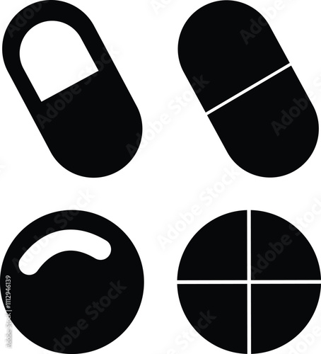 Pills Medical And Healthcare Icon in flat set. Pill capsules, tablets Medical design vector for apps or website. symbol, sign isolated on transparent background