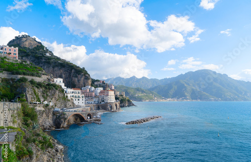Fototapeta Naklejka Na Ścianę i Meble -  Amalfi summer coast and Tyrrhenian sea with boats, Italy