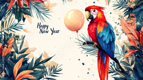 Colorful Parrot with Balloons and Tropical Leaves Celebrating Happy New Year in Vivid Watercolor Style photo