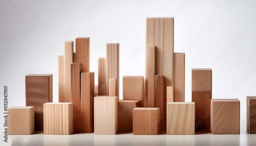 Wooden blocks are arranged in a pattern resembling a modern skyline, placed on a white surface Wooden blocks are arranged in a pattern resembling a modern skyline, placed on a white surface