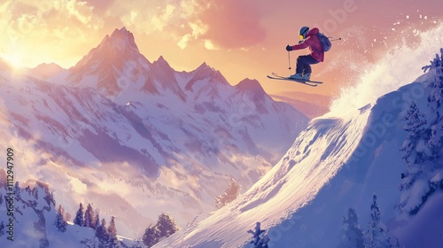 skier mid-jump off a snow ramp, soaring through the air with mountains photo