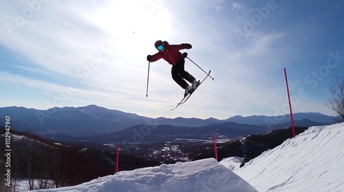 skier mid-jump off a snow ramp, soaring through the air with mountains photo