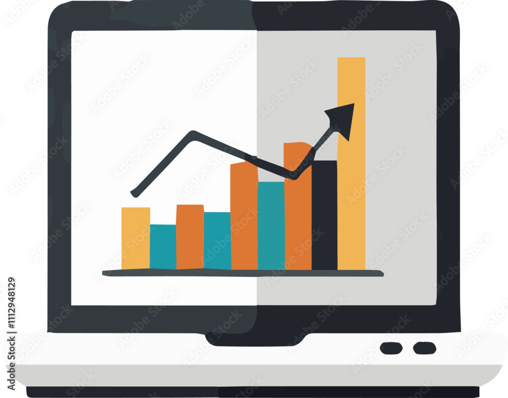 Computer screen icon displaying a colorful bar graph and upward trend line, representing business analytics and financial growth, modern flat design, clear and professional appearance Computer screen icon displaying a colorful bar graph and upward trend line, representing business analytics and financial growth, modern flat design, clear and professional appearance