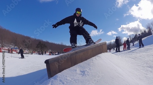 skier mid-jump off a snow ramp, soaring through the air with mountains photo