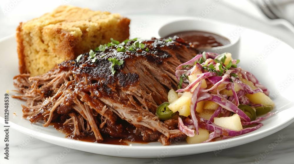 Smoked Pulled Pork with Jalapeño Cornbread and Apple Slaw, Southern Main Course Photography Smoked Pulled Pork with Jalapeño Cornbread and Apple Slaw, Southern Main Course Photography