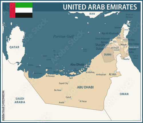United Arab Emirates Map Vector Vintage Dark Blue Beige - Customizable layered political map of UAE with administrative divisions for website, education, reports, news, politics, print, poster