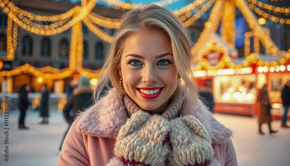 Smiling woman in a cozy pink coat, standing against a backdrop of glowing Christmas lights at a festive market Smiling woman in a cozy pink coat, standing against a backdrop of glowing Christmas lights at a festive market
