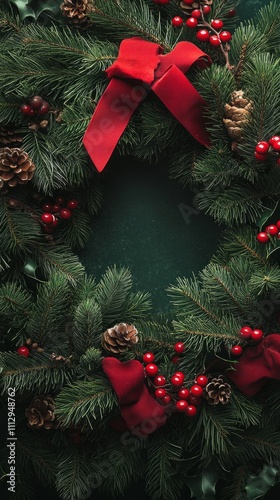 Elegant top-down view of a lush Christmas wreath adorned with berries and ribbons for festive decorations