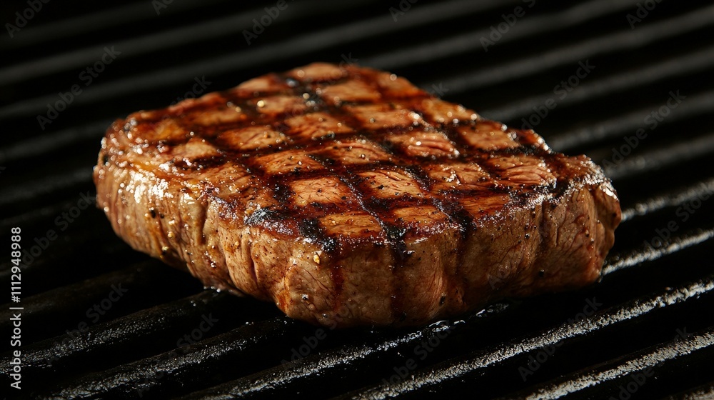 A grilled steak with distinct sear marks on a barbecue grill. A grilled steak with distinct sear marks on a barbecue grill.