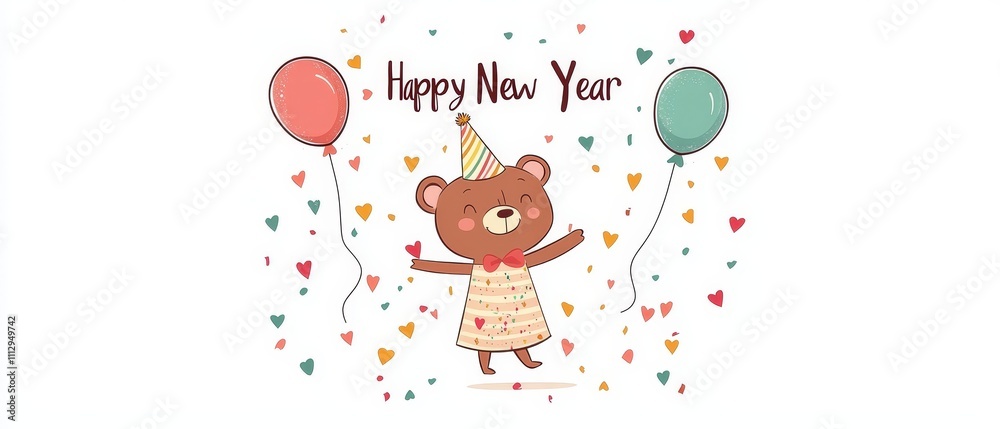 Cute bear celebrating New Year with balloons and colorful hearts in cheerful festive design for greetings cards Cute bear celebrating New Year with balloons and colorful hearts in cheerful festive design for greetings cards