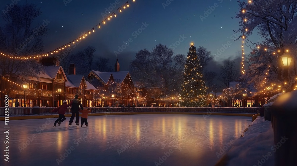 family ice skating together at an outdoor rink in a town square, with festive lights family ice skating together at an outdoor rink in a town square, with festive lights