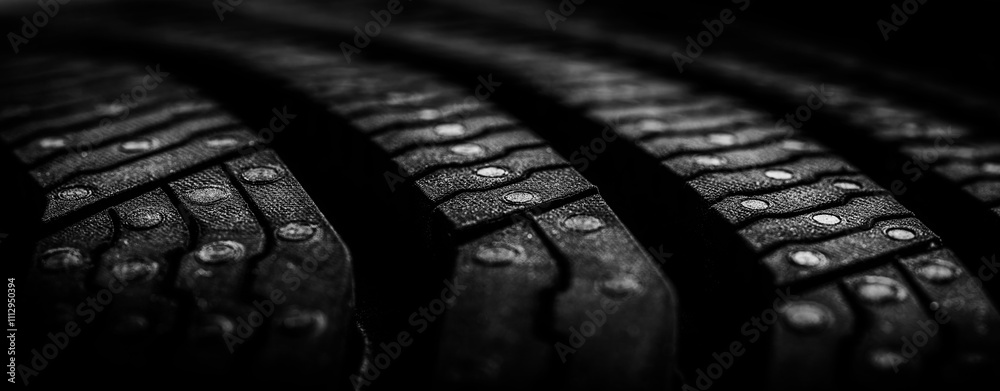 Close-up of winter tire texture, focusing on its intricate patterns and rubber details.