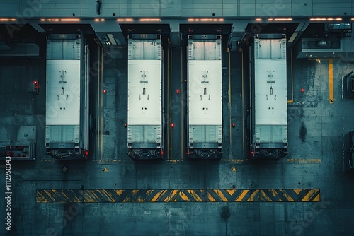 Top-down view of industrial loading docks with rows of aligned vehicles photo