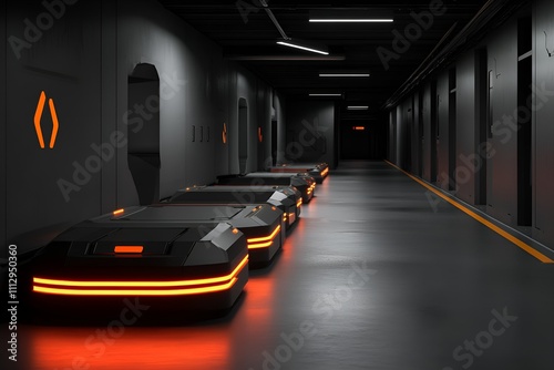 Robotic vehicles with glowing orange lights in a dark futuristic warehouse corridor photo