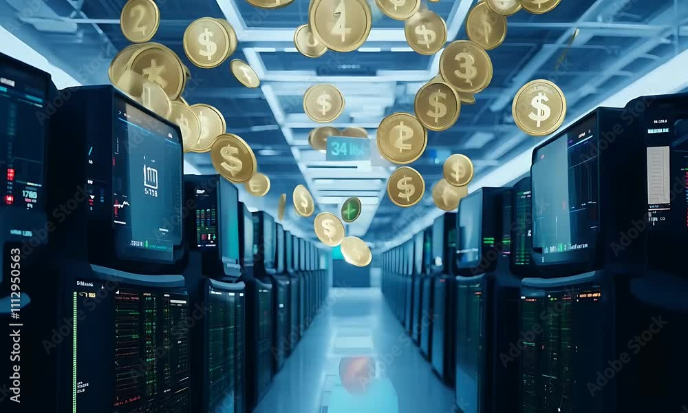 Digital Currency Server Room Animation with Coins