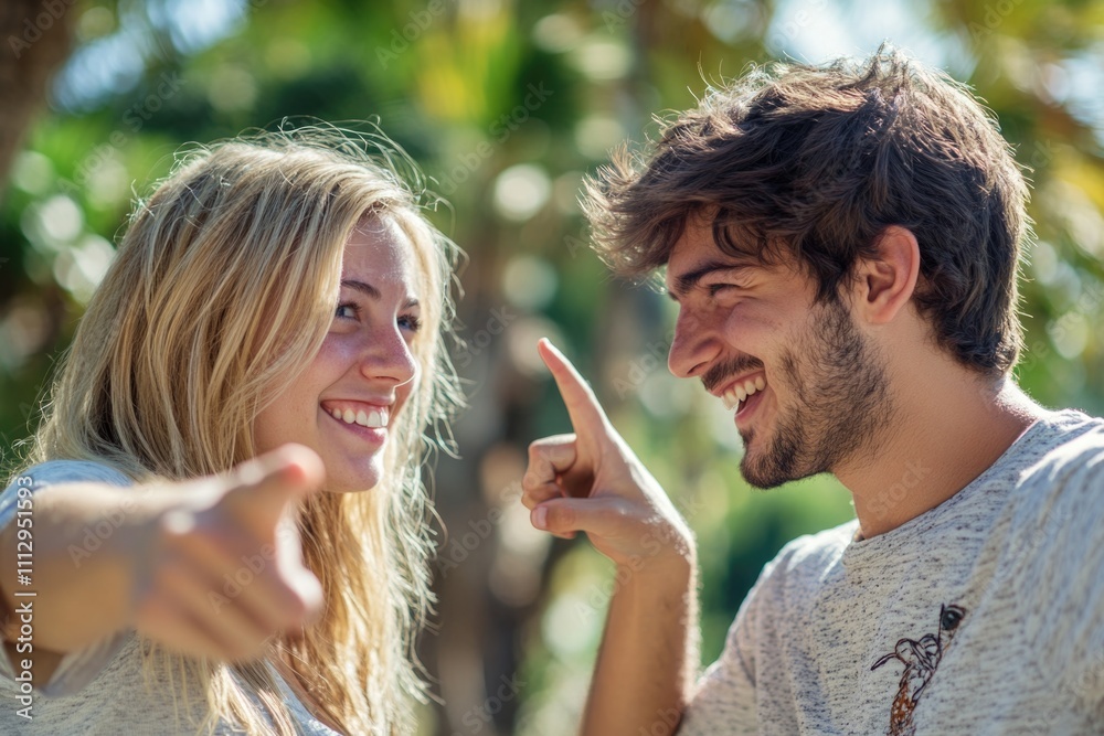 Fototapeta premium A couple standing together, pointing fingers at each other in a playful or confrontational manner