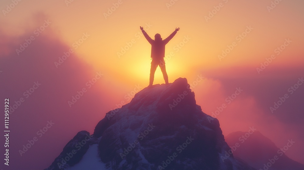 triumphant figure standing on top of a glowing mountain peak at sunrise, arms raised in victory, symbolizing freedom and career success triumphant figure standing on top of a glowing mountain peak at sunrise, arms raised in victory, symbolizing freedom and career success