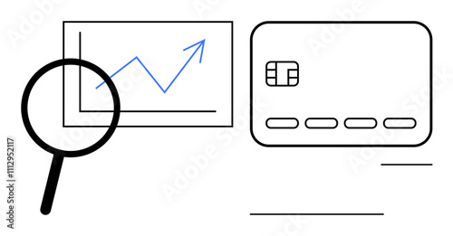Magnifying glass examining upward financial graph beside credit card. Ideal for finance, banking, investment, data analysis, e-commerce, budgeting, online payments. Line metaphor