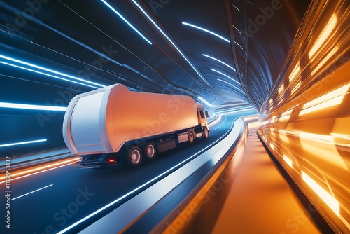 Futuristic truck speeding through a high-tech illuminated tunnel, symbolizing innovation in logistics and transportation technology. photo