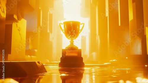 shining trophy sitting on a pedestal in a glowing room, symbolizing the ultimate reward for career achievements and hard work photo