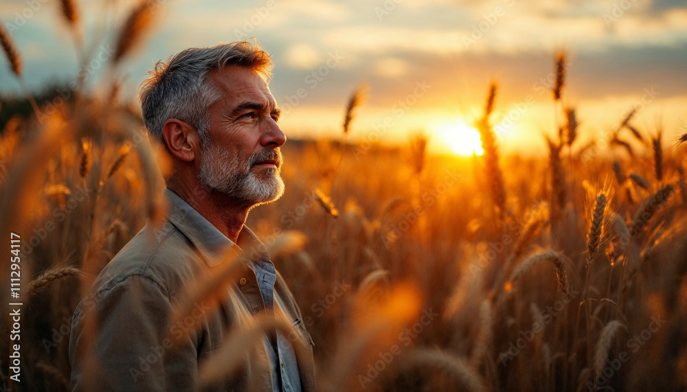 A middle-aged man strolling through a golden wheat field at sunset, exuding peace. A middle-aged man strolling through a golden wheat field at sunset, exuding peace.