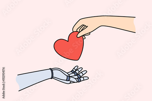 Collaboration of man and artificial intelligence is demonstrated by hands exchanging heart symbolizing readiness of synergy. Artificial intelligence or ai robot gains soul and emotions from humans