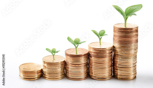 Stack of gold coins with small plant shoots on top on white background