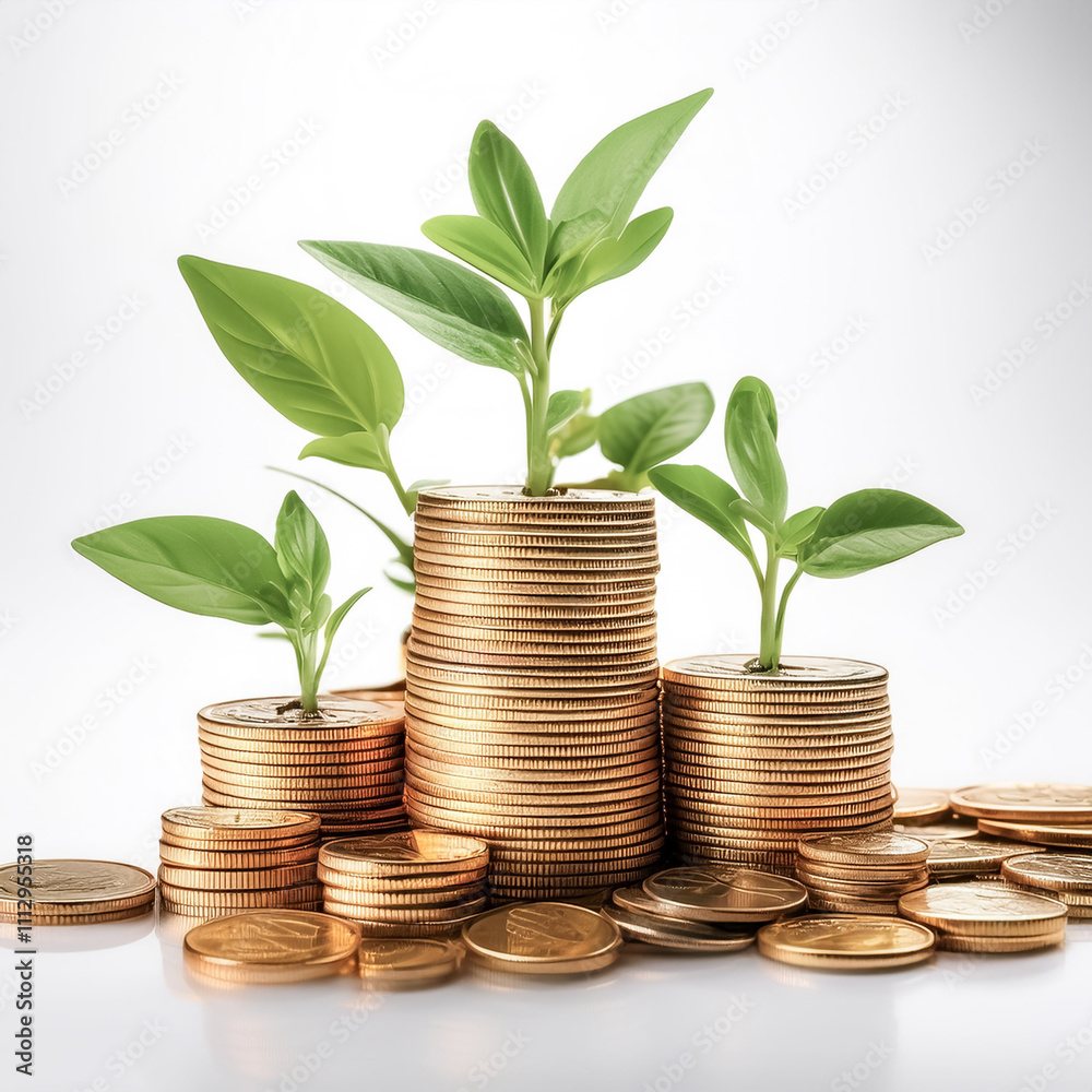 Stack of gold coins with small plant shoots on top on white background Stack of gold coins with small plant shoots on top on white background