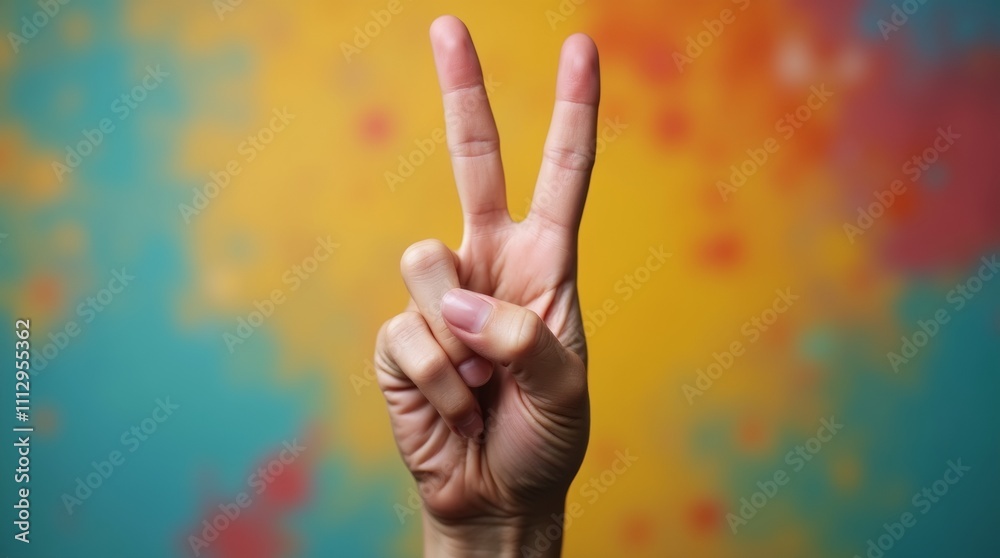 A close-up of a hand making the peace sign gesture against a vibrant background, symbolizing hope and unity in a colorful world A close-up of a hand making the peace sign gesture against a vibrant background, symbolizing hope and unity in a colorful world