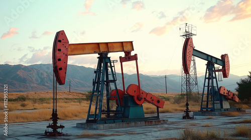 Oil Pumpjacks in Mountain Landscape at Sunset