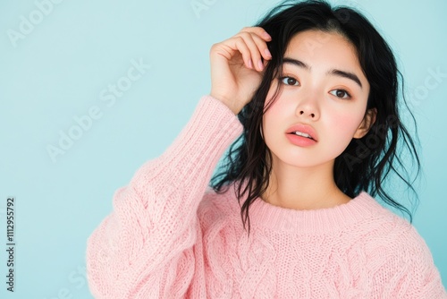 A woman holds her hair up with one hand while wearing a pink sweater