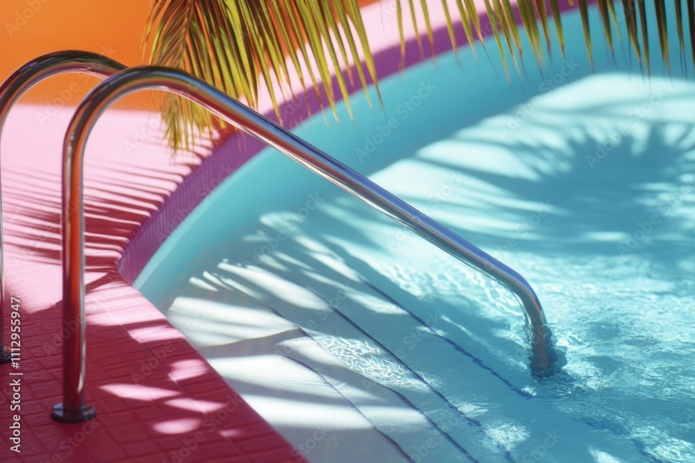 Outdoor swimming pool scene with a palm tree visible behind Outdoor swimming pool scene with a palm tree visible behind