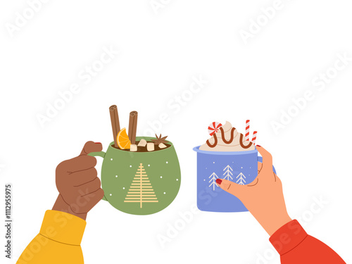 Two hands holding mugs of hot sweet drinks on white background with copy space for text. Vector illustration for Christmas market ads, winter promotions or holiday designs