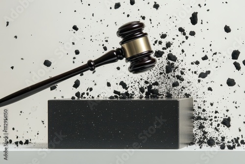 Gavel striking a block, creating debris in a dramatic portrayal of justice and authority