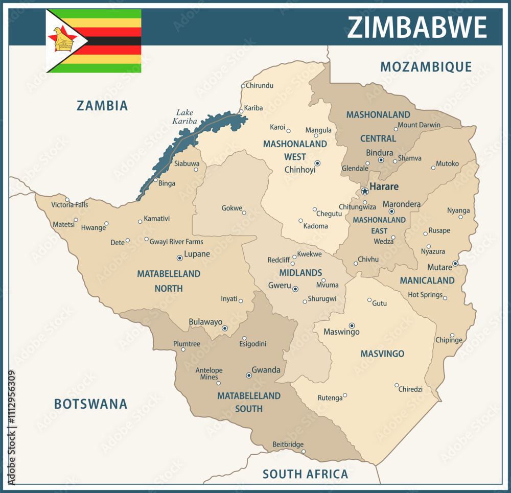 Obraz premium Zimbabwe Map Vector Vintage Dark Blue Beige - Customizable layered political map of Zimbabwe with administrative divisions for website, education, reports, news, politics, print, poster and wallpaper