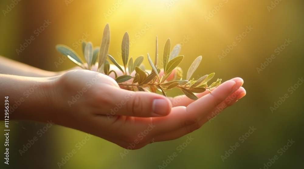 Fototapeta premium A hand gently holding an olive branch, with sunlight filtering through the leaves, symbolizing hope and peace in a warm, inviting atmosphere