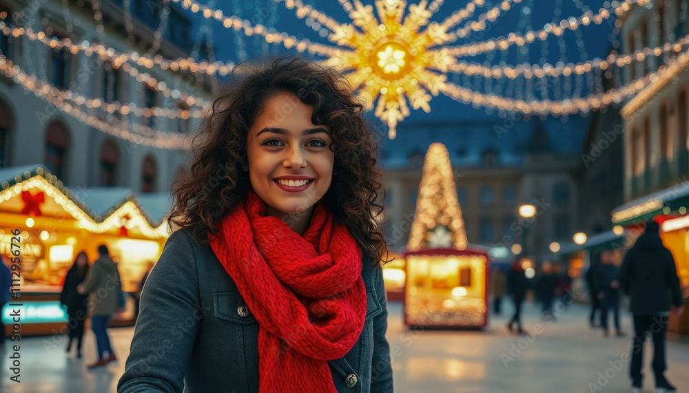 Fototapeta premium Portrait of a happy young woman surrounded by sparkling Christmas lights and holiday decorations