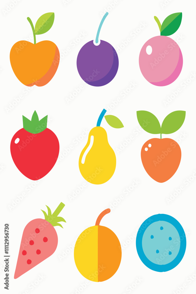 Delightful and Colorful Fruit Icons Featuring a Variety of Designs for Health, Nutrition, and Creative Projects Delightful and Colorful Fruit Icons Featuring a Variety of Designs for Health, Nutrition, and Creative Projects