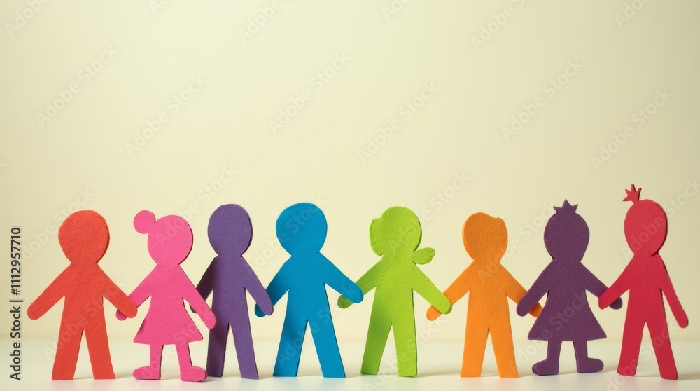 Rainbow colored paper human figures holding their hands on kindergarten or school background. Diversity and inclusion concept. Rainbow colored paper human figures holding their hands on kindergarten or school background. Diversity and inclusion concept.